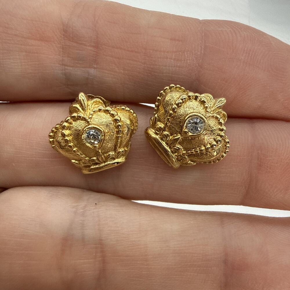 Vintage Avon Gold Tone Rhinestone Regal Crown Pierced Stud Earrings 0.55” 80s